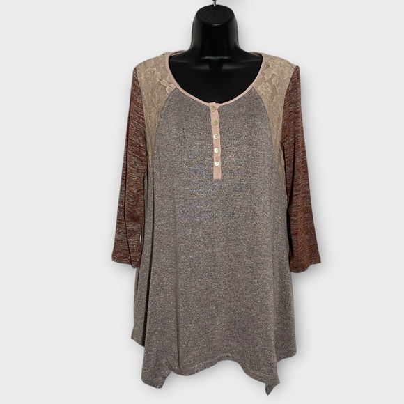 LOGO by Lori Goldstein Mixed Media Lagenlook 3/4 Sleeve Tunic Top Size Medium - Picture 1 of 10